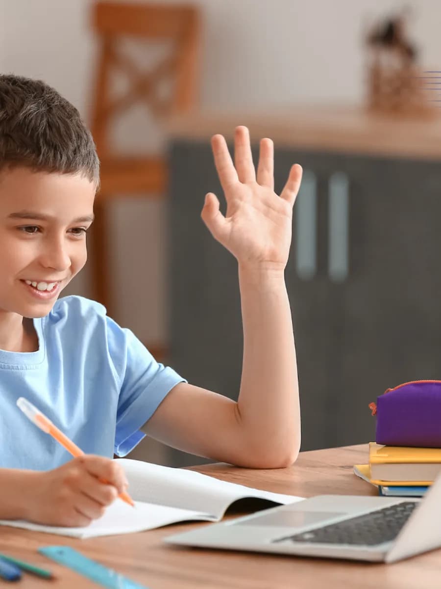 A pupil raising his hand during a live online lesson at home